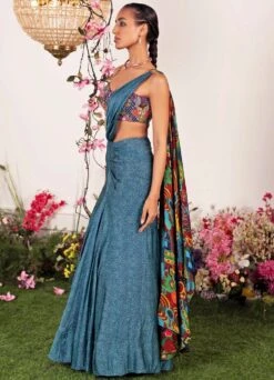 Sea Saree Paired With Embellished Strap Corset -Lillys Clothing Shop sea blue printed silk satin sareesareejuhi bengani 188006