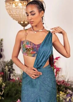Sea Saree Paired With Embellished Strap Corset -Lillys Clothing Shop sea blue printed silk satin sareesareejuhi bengani 224268