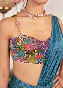 Sea Saree Paired With Embellished Strap Corset -Lillys Clothing Shop sea blue printed silk satin sareesareejuhi bengani 257397