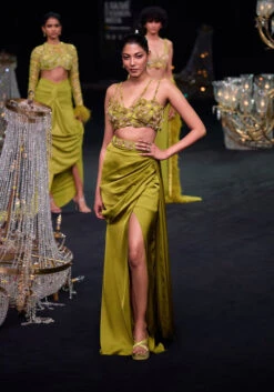 Lime Green Zardosi Draped Slit Skirt With 3D Multi Strap Blouse