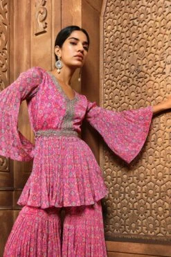 Pink Persian Peplum Sharara -Lillys Clothing Shop sny pink bell slv pplm shr 3pc 3