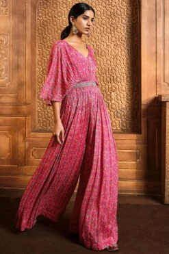 Pink Persian Printed Flared Jumpsuit With Belt