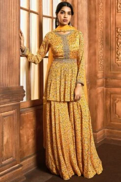 Yellow Floral Peplum Sharara Set