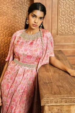 Pink Paisley Cowl Jumpsuit Jacket Set -Lillys Clothing Shop sp pink paisley cowl jmpsuit 3pc 3