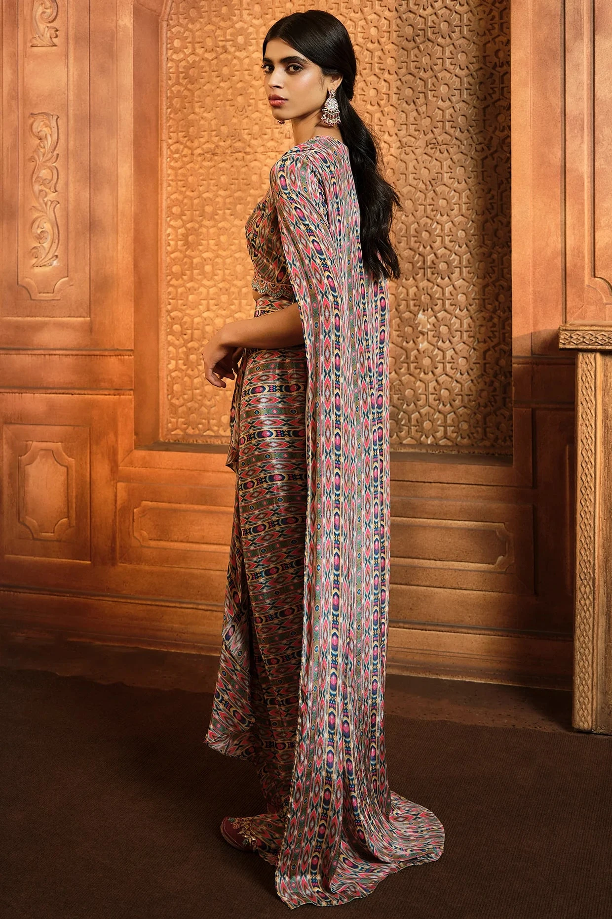 Olive Green Stripes Print Cape Blouse And Skirt 4 Olive Green Stripes Print Cape Blouse And Skirt - Image 4