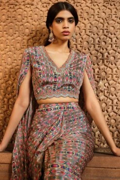 Olive Green Stripes Print Cape Blouse And Skirt 6 Olive Green Stripes Print Cape Blouse And Skirt -Lillys Clothing Shop sp stripes long cape frill skirt 2pc 3