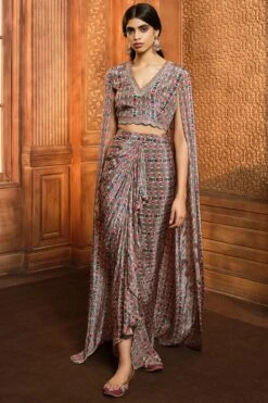 Olive Green Stripes Print Cape Blouse And Skirt 7 Olive Green Stripes Print Cape Blouse And Skirt -Lillys Clothing Shop sp stripes long cape frill skirt 2pc 4