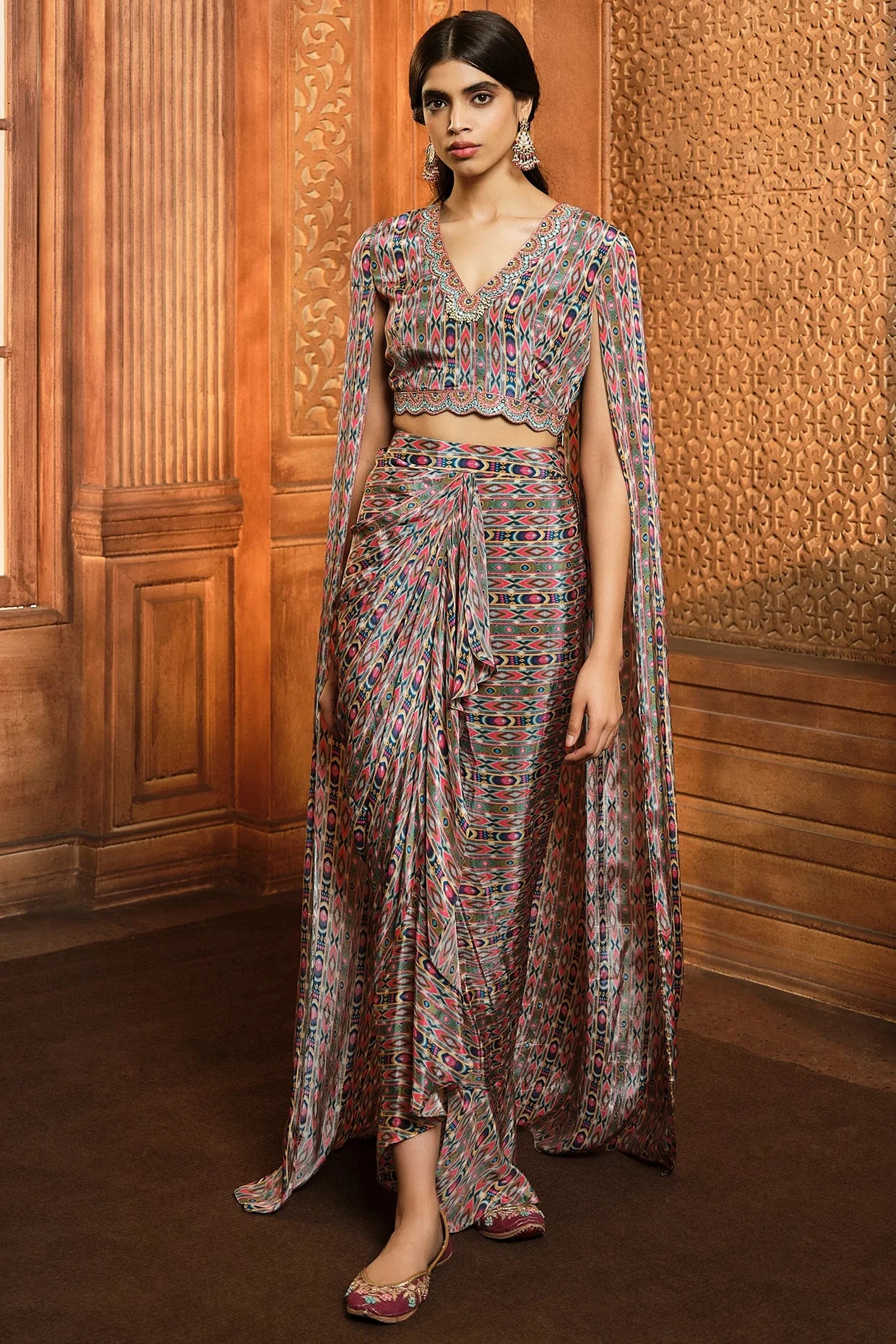 Olive Green Stripes Print Cape Blouse And Skirt 3 Olive Green Stripes Print Cape Blouse And Skirt - Image 3