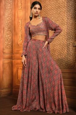 Brown Persian Printed Jacket Sharara Set