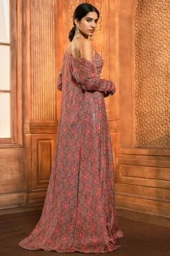 Brown Persian Printed Jacket Sharara Set -Lillys Clothing Shop srfz brwn red shr jckt 3pc 2