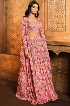 Pink Watercolor Printed Cape Skirt Set