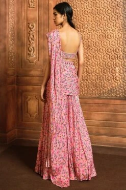 Pink Floral Printed Split Sharara Saree -Lillys Clothing Shop srvr pink prnt split saree 3pc 2