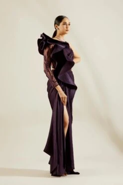 Purple One Off Shoulder Saree Gown 9 Purple One Off Shoulder Saree Gown -Lillys Clothing Shop st feb. 2021 ADAARA COUTURE 8140