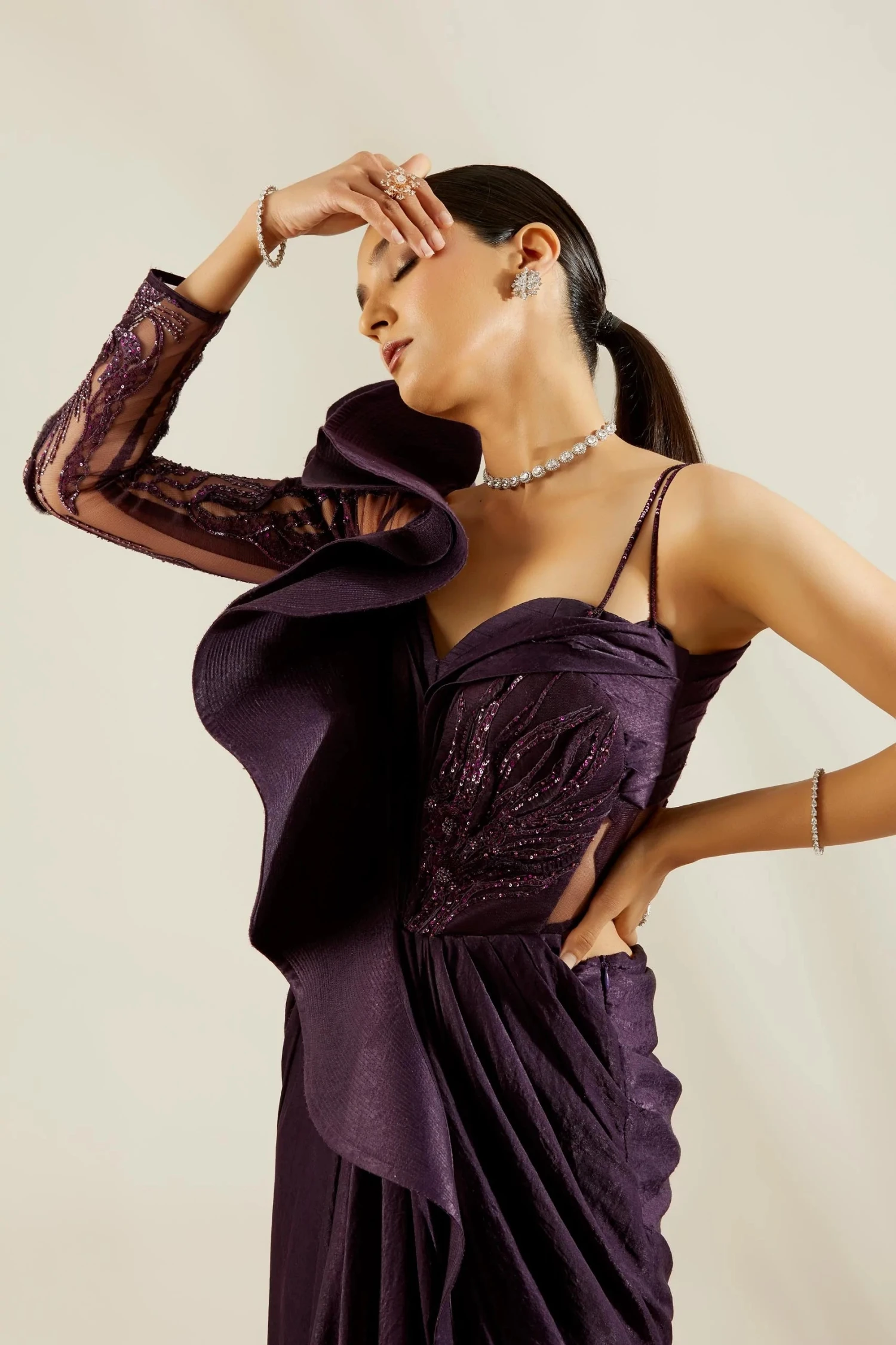 Purple One Off Shoulder Saree Gown 6 Purple One Off Shoulder Saree Gown - Image 6