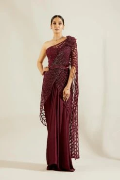 Wine Heavy Crystal Drape Saree