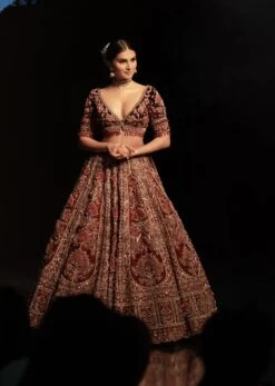 Tara Sutaria Accentuating Kalki Bridal Couture, Blood Red Heavily Embroidered Florid Lehenga Set -Lillys Clothing Shop tara sutaria accentuating kalki bridal couture sg127243 1