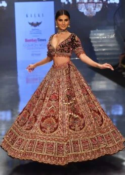 Tara Sutaria Accentuating Kalki Bridal Couture, Blood Red Heavily Embroidered Florid Lehenga Set -Lillys Clothing Shop tara sutaria accentuating kalki bridal couture sg127243 2