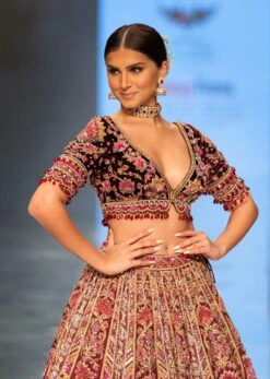 Tara Sutaria Accentuating Kalki Bridal Couture, Blood Red Heavily Embroidered Florid Lehenga Set -Lillys Clothing Shop tara sutaria accentuating kalki bridal couture sg127243 4