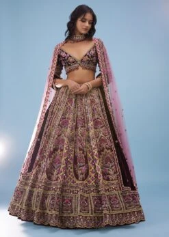 Tara Sutaria Accentuating Kalki Bridal Couture, Blood Red Heavily Embroidered Florid Lehenga Set -Lillys Clothing Shop tara sutaria accentuating kalki bridal couture rumba red he sg127243 2