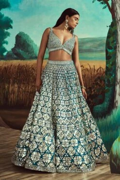 Teal Leather & Mirror Lehenga Set