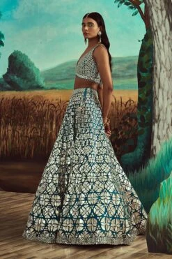 Teal Leather & Mirror Lehenga Set -Lillys Clothing Shop teal2