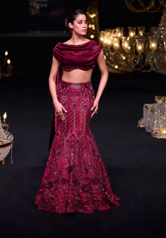 Wine Opulent Fish Cut Lehenga And Embellished Jacket Duo 1 Wine Opulent Fish Cut Lehenga And Embellished Jacket Duo