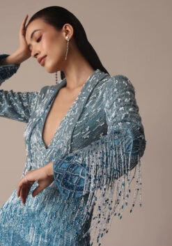 Blue Fish Cut Ombre Trail Embroidered Gown -Lillys Clothing Shop uiyu