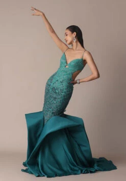 Green Blue Ombre Zardosi Fishcut Draped Gown -Lillys Clothing Shop ujkuk