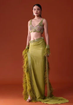 Citrus Green Feathered Dhoti Skirt And Blouse Set -Lillys Clothing Shop uyoyoyyo