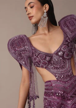 Deep Purple Organza Fishcut Gown With 3D Tassel Sleeves -Lillys Clothing Shop vcnn