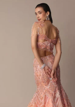 Peach Fish Cut Frill Lehenga Set With Trail Dupatta And Tassels 11 Peach Fish Cut Frill Lehenga Set With Trail Dupatta And Tassels -Lillys Clothing Shop vguo