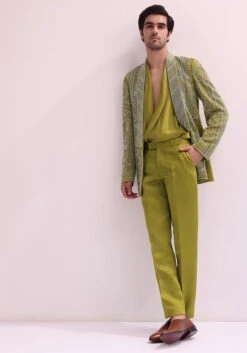 Green Linen Satin Lapel Tuxedo Jacket With Shirt And Pants -Lillys Clothing Shop vvvq