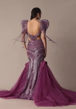 Deep Purple Organza Fishcut Gown With 3D Tassel Sleeves -Lillys Clothing Shop wfgeg
