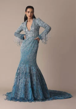 Blue Fish Cut Ombre Trail Embroidered Gown -Lillys Clothing Shop xfgj