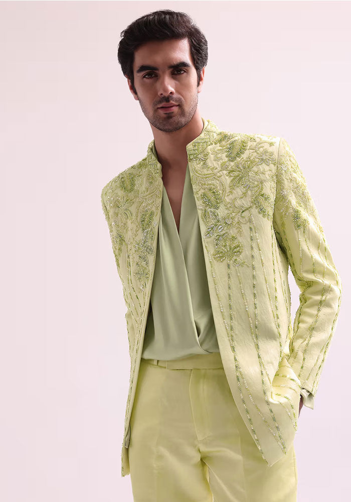 Lime Bandhgala Jacket And Pant Set With Floral Embroidery 2 Lime Bandhgala Jacket And Pant Set With Floral Embroidery - Image 2