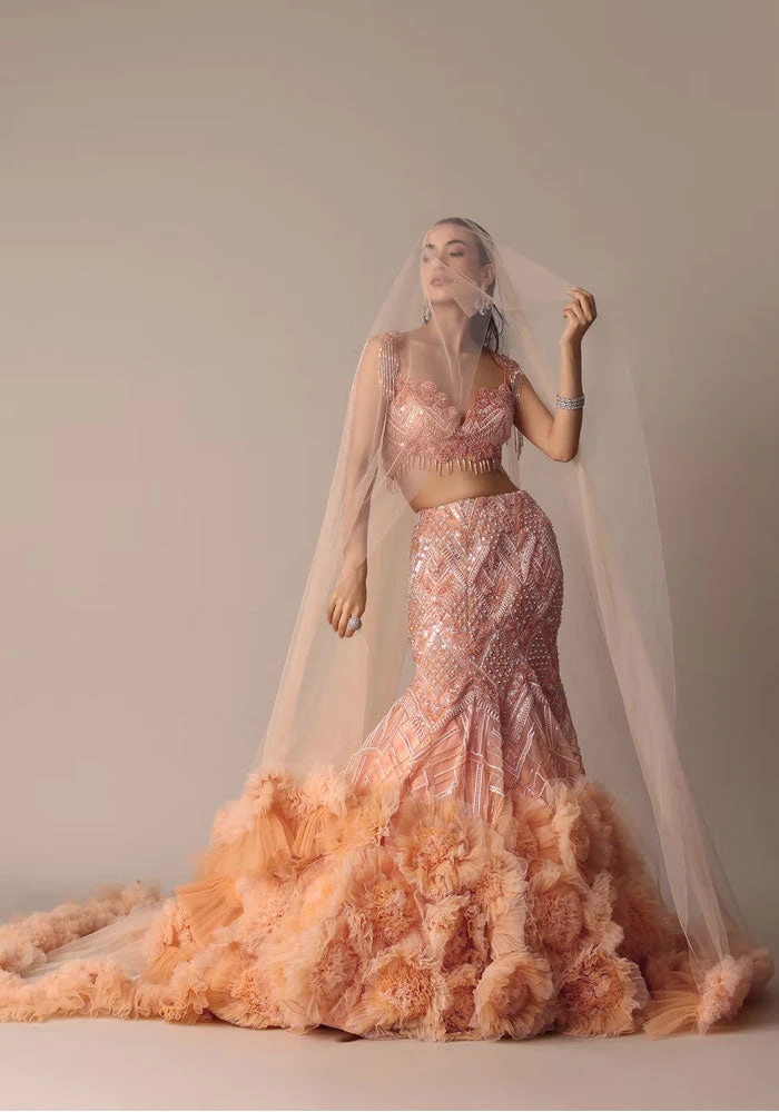 Peach Fish Cut Frill Lehenga Set With Trail Dupatta And Tassels 2 Peach Fish Cut Frill Lehenga Set With Trail Dupatta And Tassels - Image 2